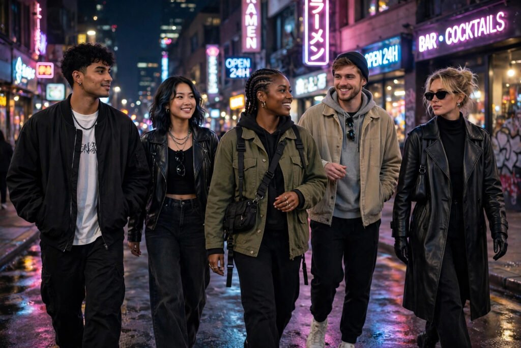 Stylish friends walking under neon lights while picking cool best friend group names