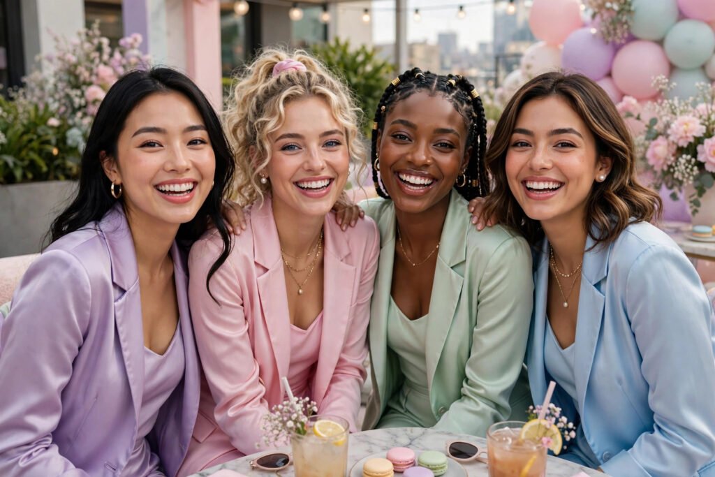 Smiling girlfriends in pastel outfits posing together with cute best friend group names in mind