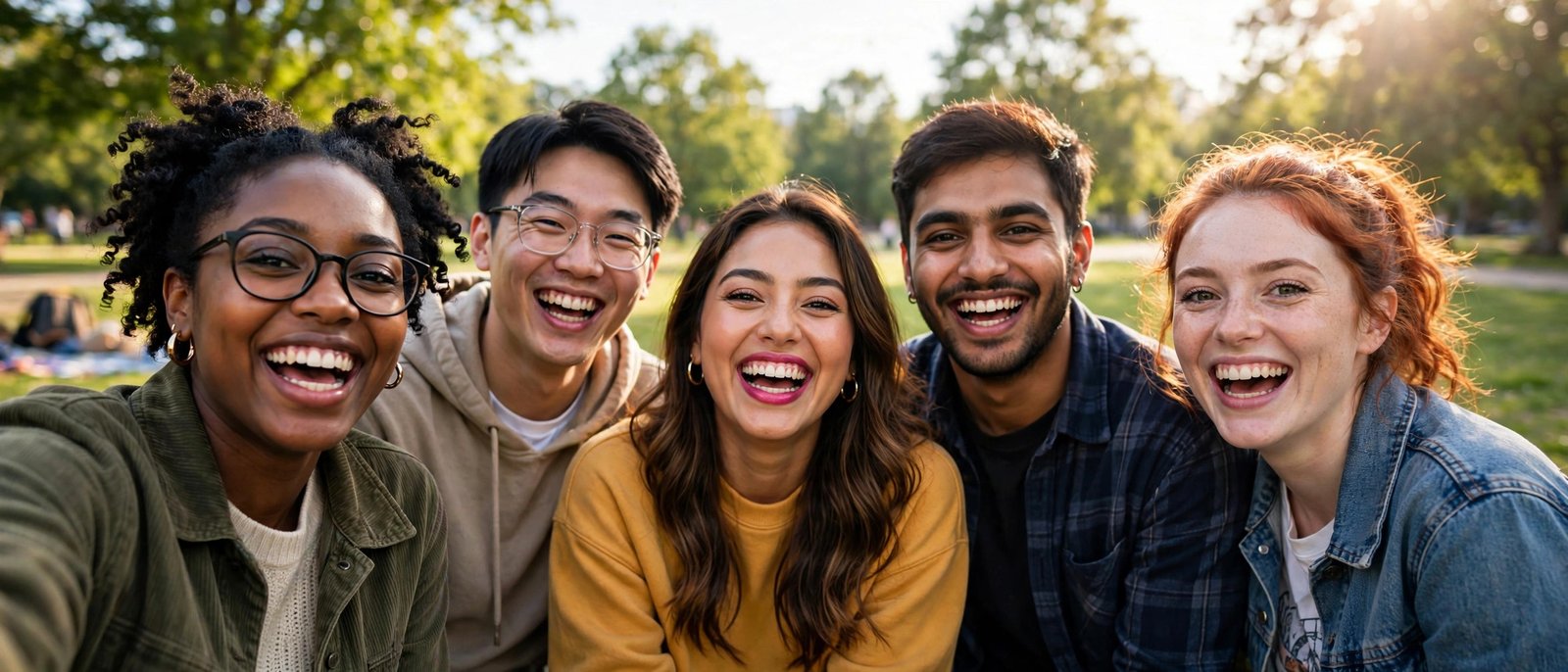 Group of best friends laughing together while choosing best friend group names for their chat
