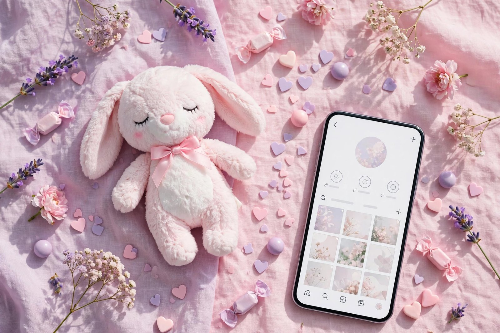 Cute Instagram usernames list with soft pastel bunnies, hearts, and flowers