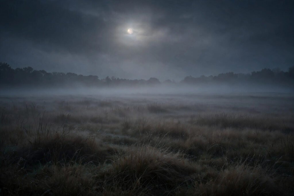 Dark dreamcore usernames mood with night fog over a quiet field under a pale moon