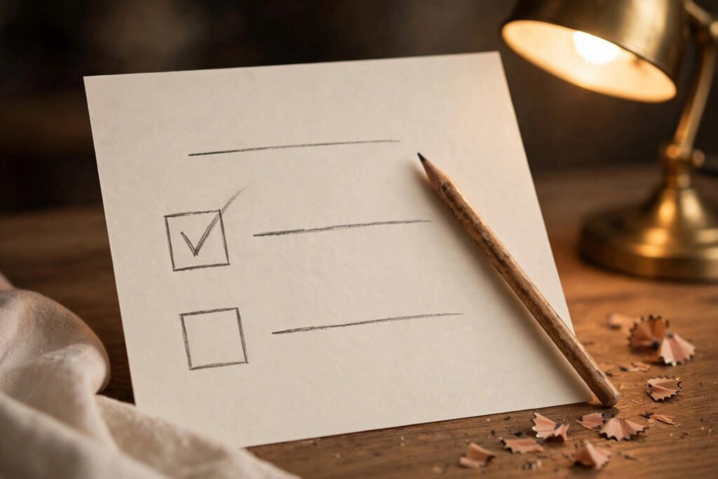 Choosing dreamcore usernames with a checklist and pencil on a calm desk