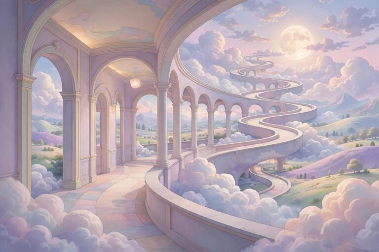Dreamy dreamcore usernames idea with a pastel hallway, floating clouds, and a glowing moon