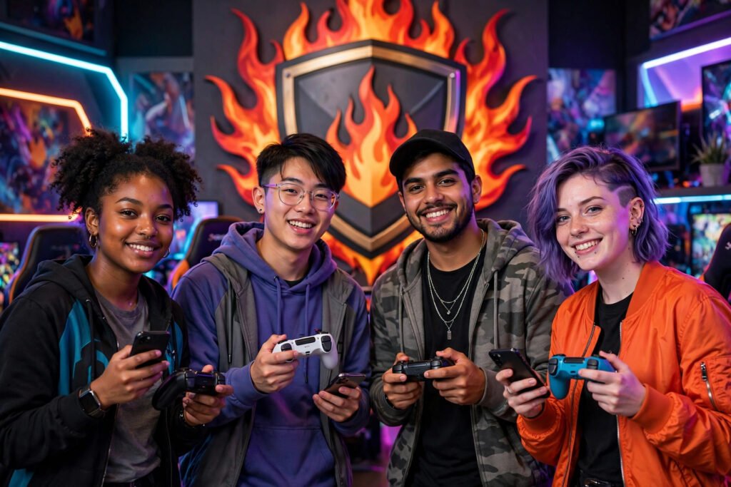 Funny free fire username ideas with a cheerful gamer dropping into a colorful battleground map
