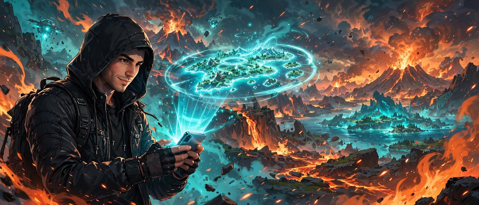 Stylish free fire username ideas with a gamer holding a phone in a fiery battleground lobby