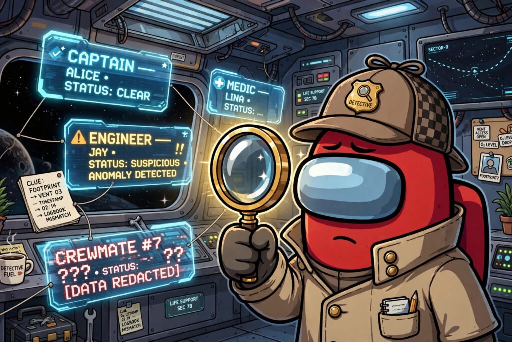 Detective crewmate with magnifying glass checking among us name tags