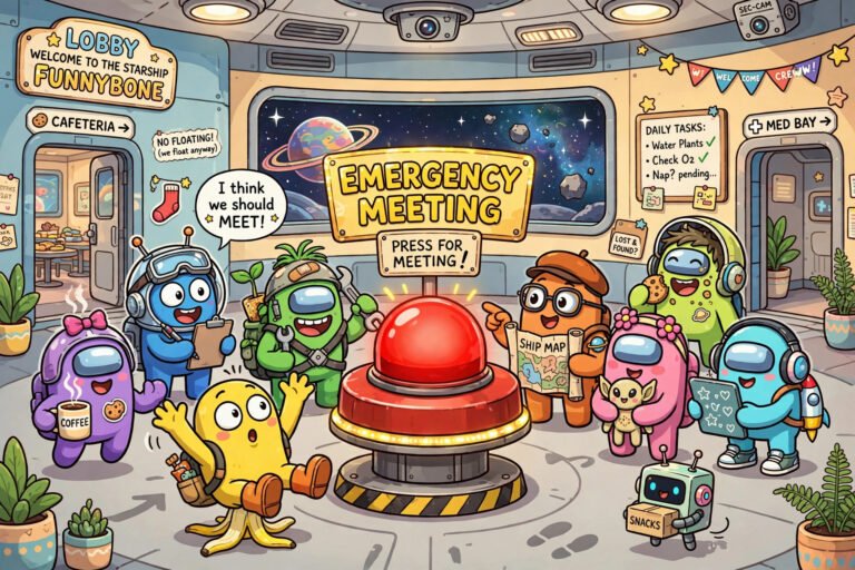 Funny among us names with colorful cartoon crewmates at an emergency meeting
