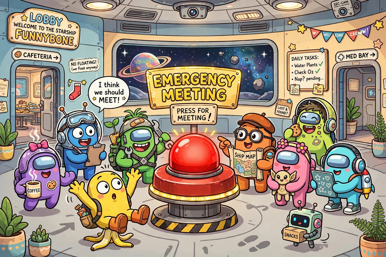Funny among us names with colorful cartoon crewmates at an emergency meeting