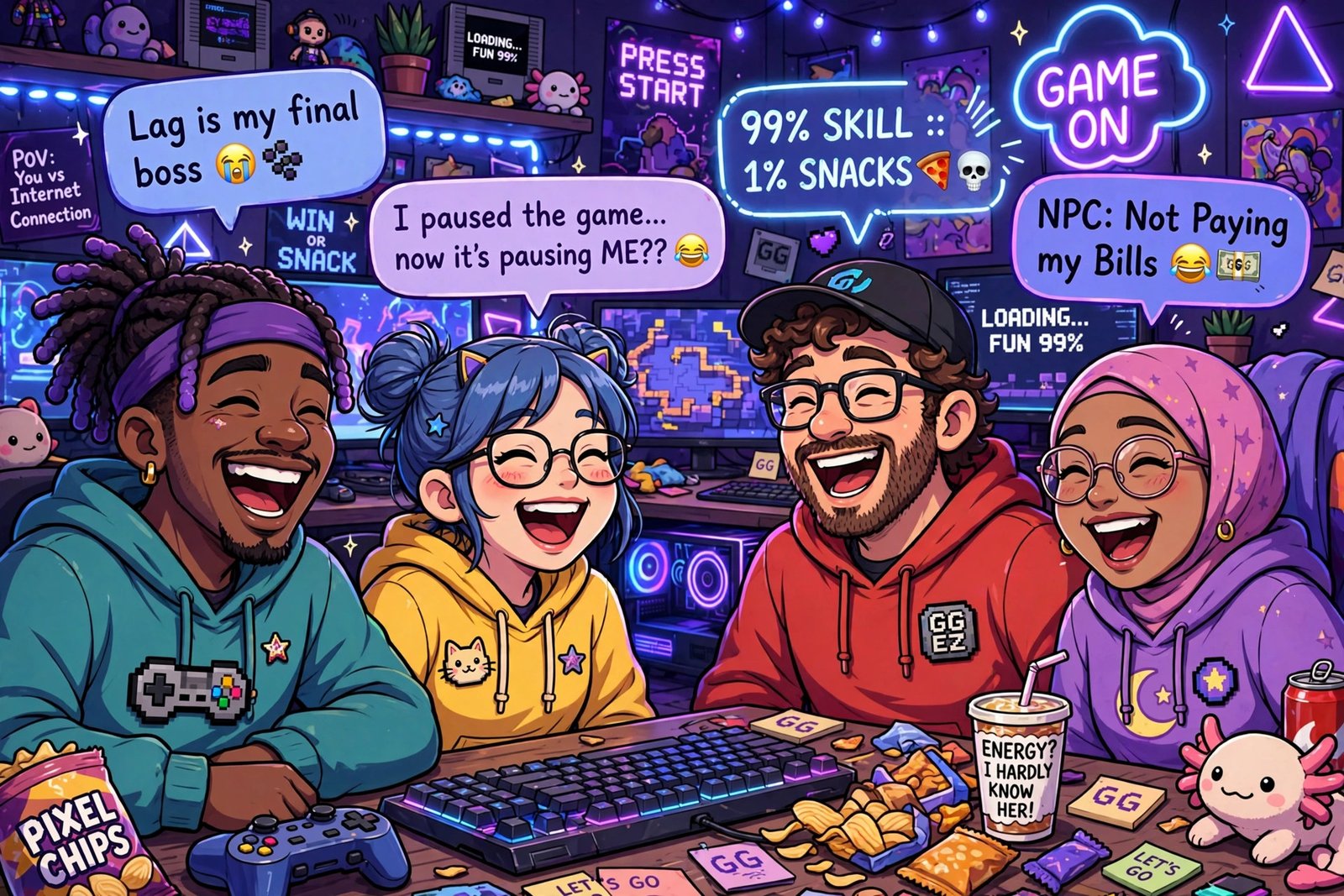 Laughing gamers with funny Discord usernames in chat bubbles