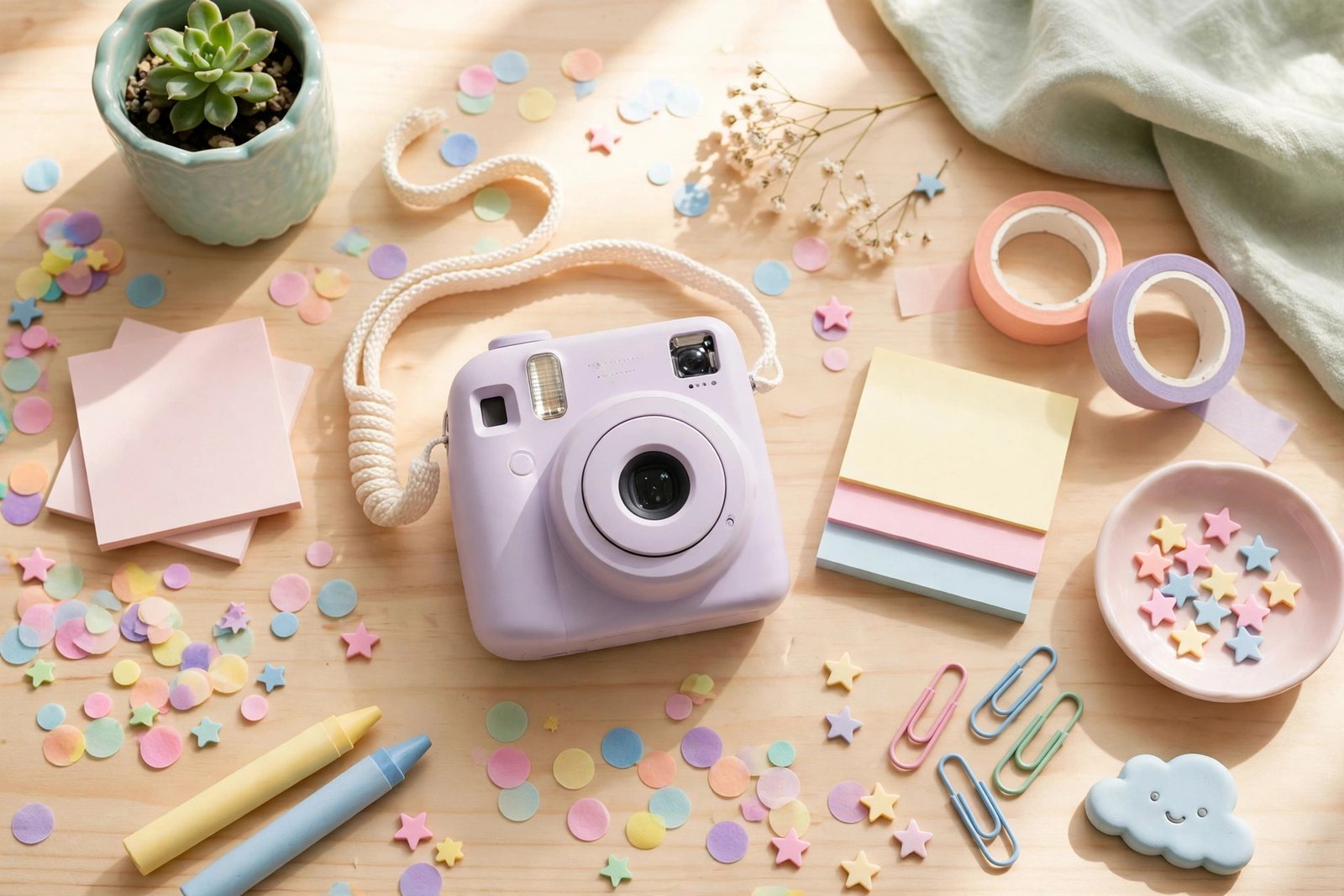 Aesthetic flat lay with cute photography page names ideas, instant camera and pastel props