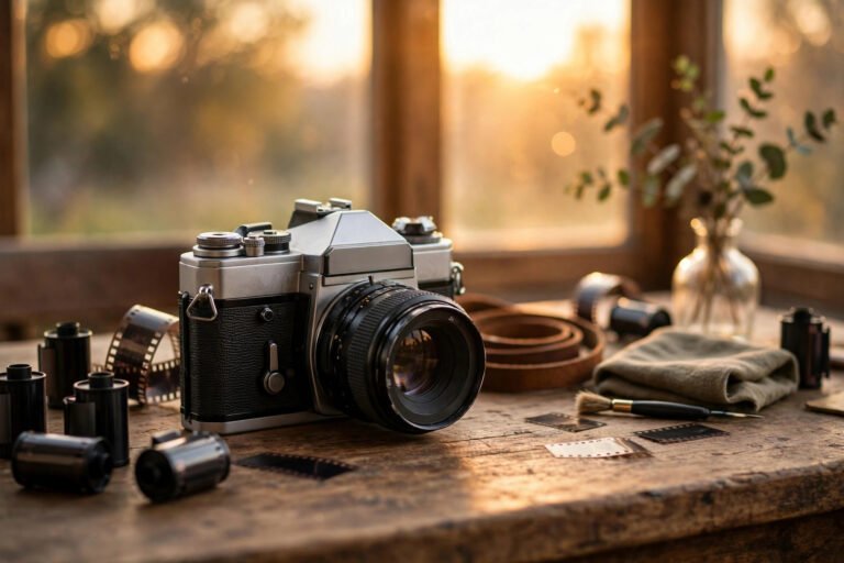Creative photography page names displayed with a vintage camera at golden hour