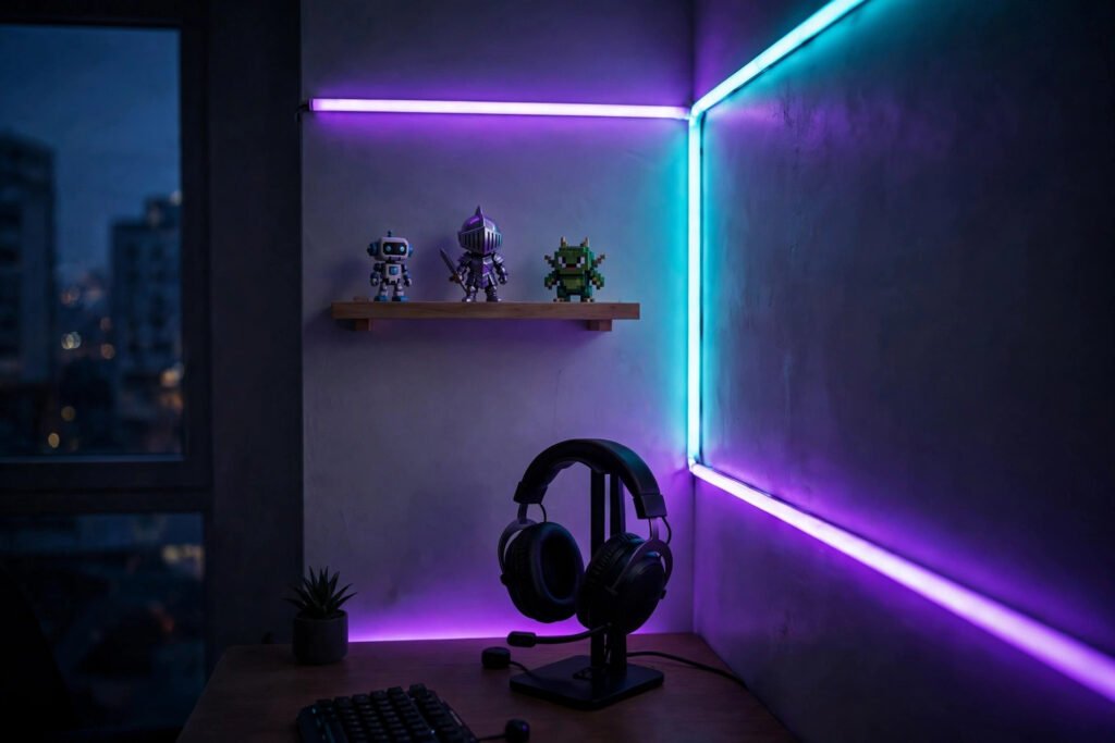 Neon gamer room corner where a new Twitch streamer picks a channel name