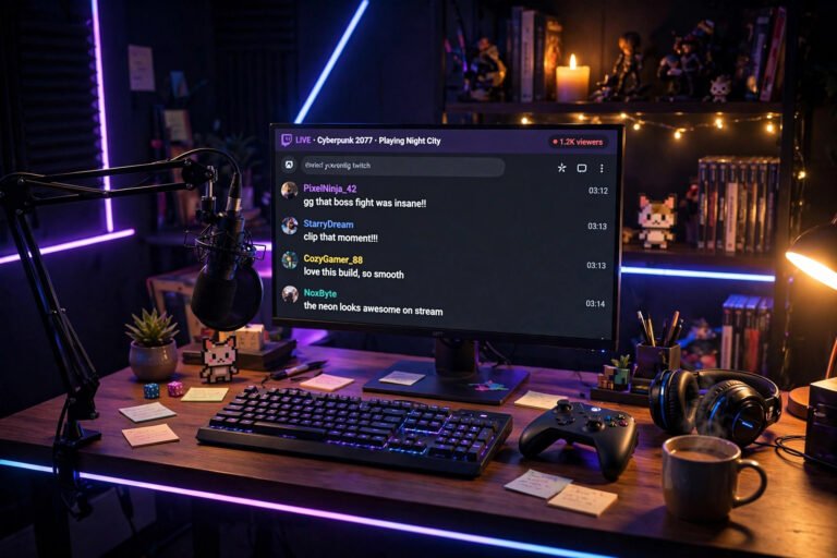Cozy neon Twitch streamer setup glowing for a twitch name generator guide
