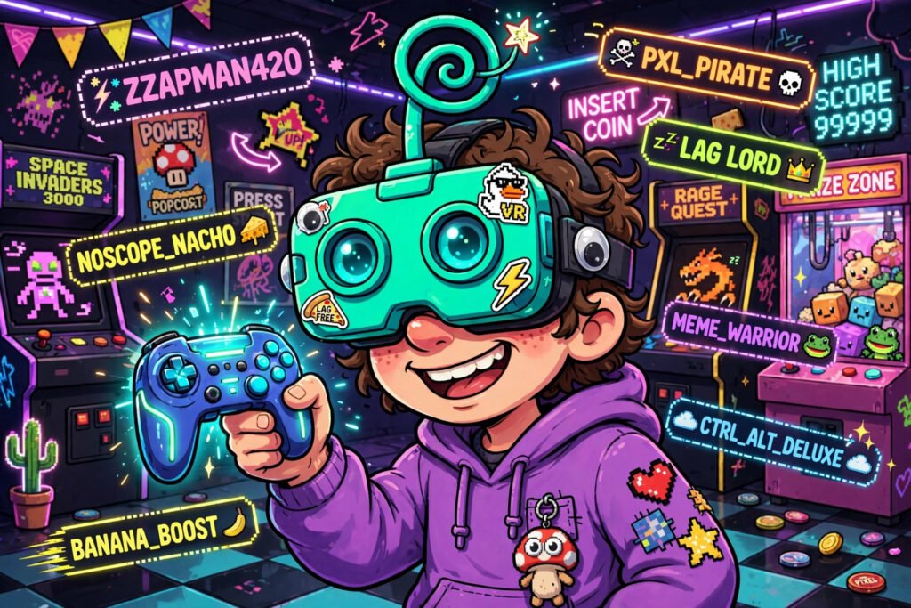 Gamer with weird usernames floating around in a neon arcade