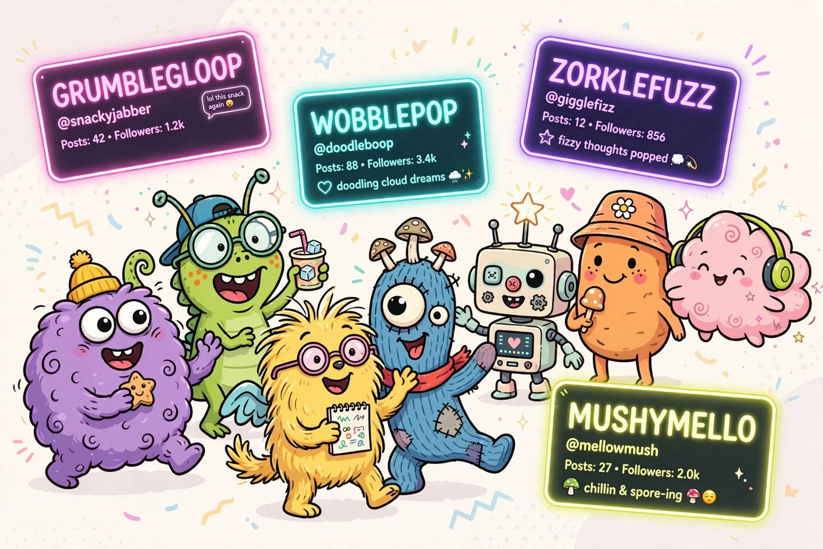 Colorful illustration of weird usernames ideas for social media profiles