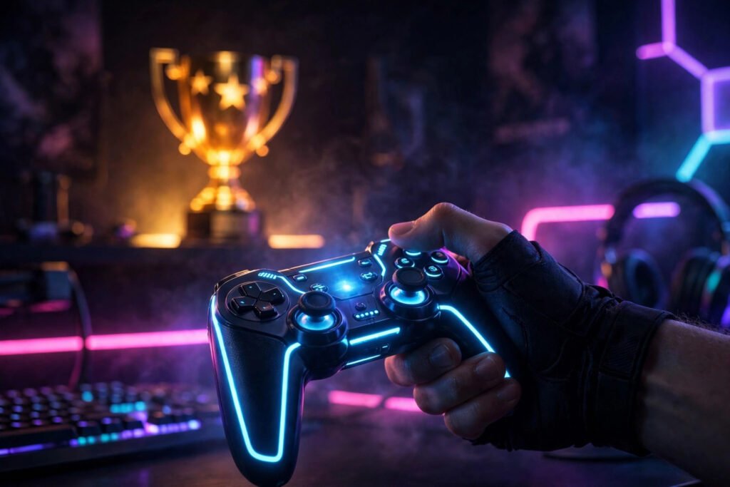 Gamer holding glowing controller in neon room picking sweaty cool gaming usernames