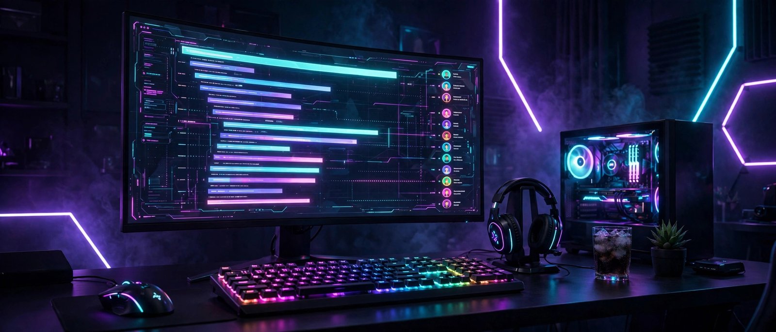 Neon gaming battlestation with glowing leaderboard for cool gaming usernames