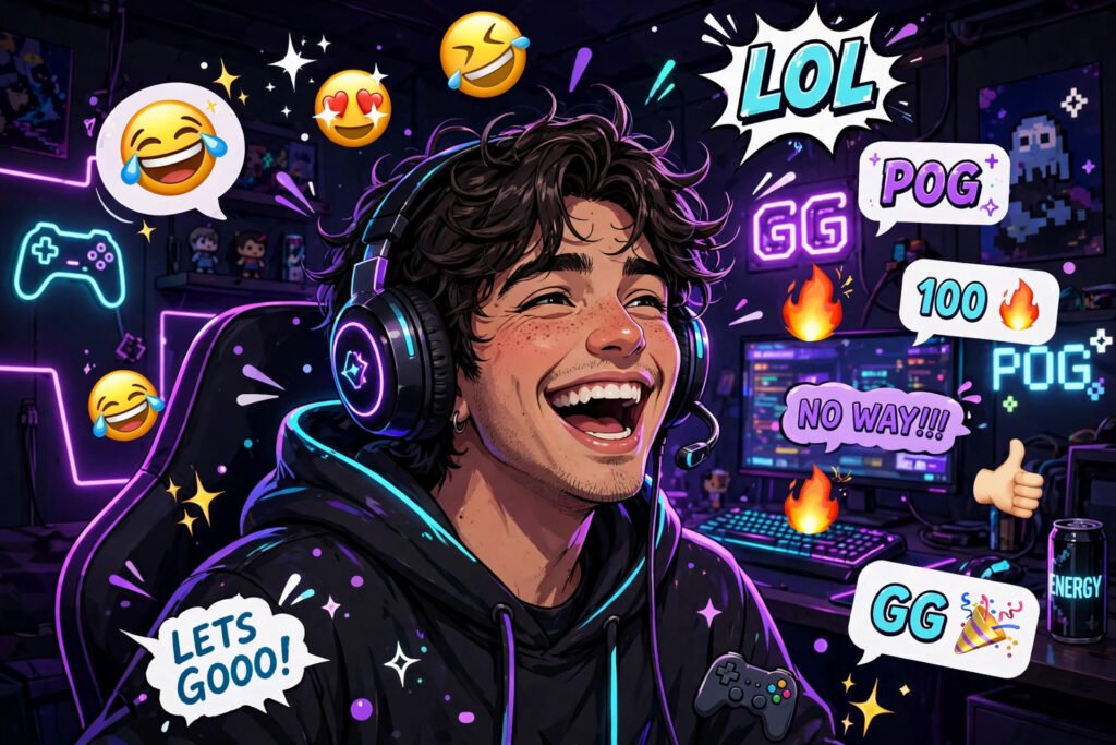 Gamer laughing with headset among floating emoji chat bubbles for funny Discord names