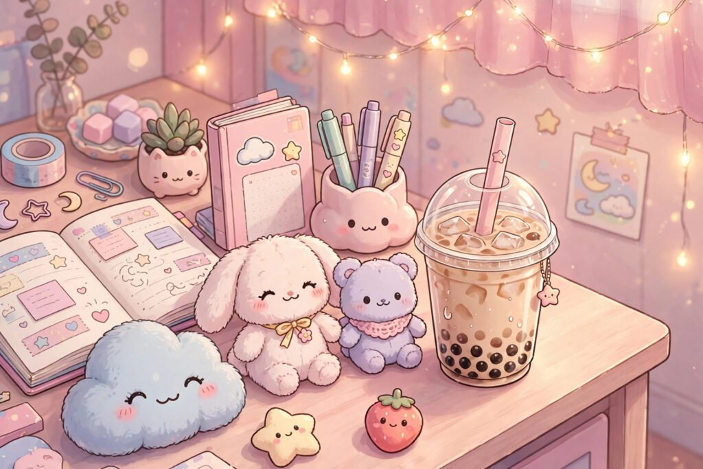 Pastel kawaii desk setup with plushies and boba tea inspiring cute aesthetic Discord names