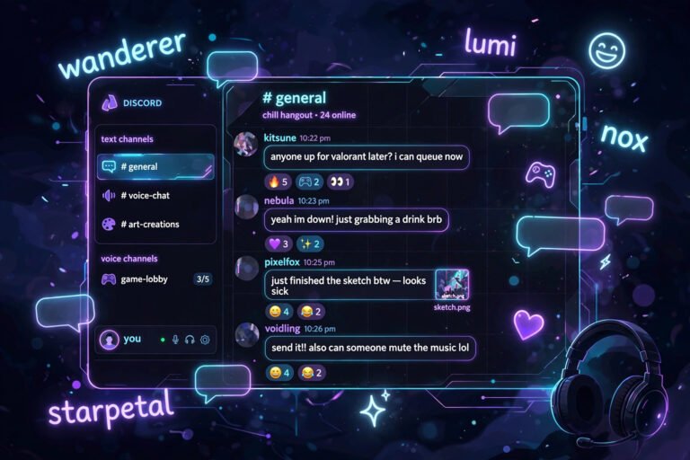 Discord name generator featured image with neon chat bubbles and glowing usernames