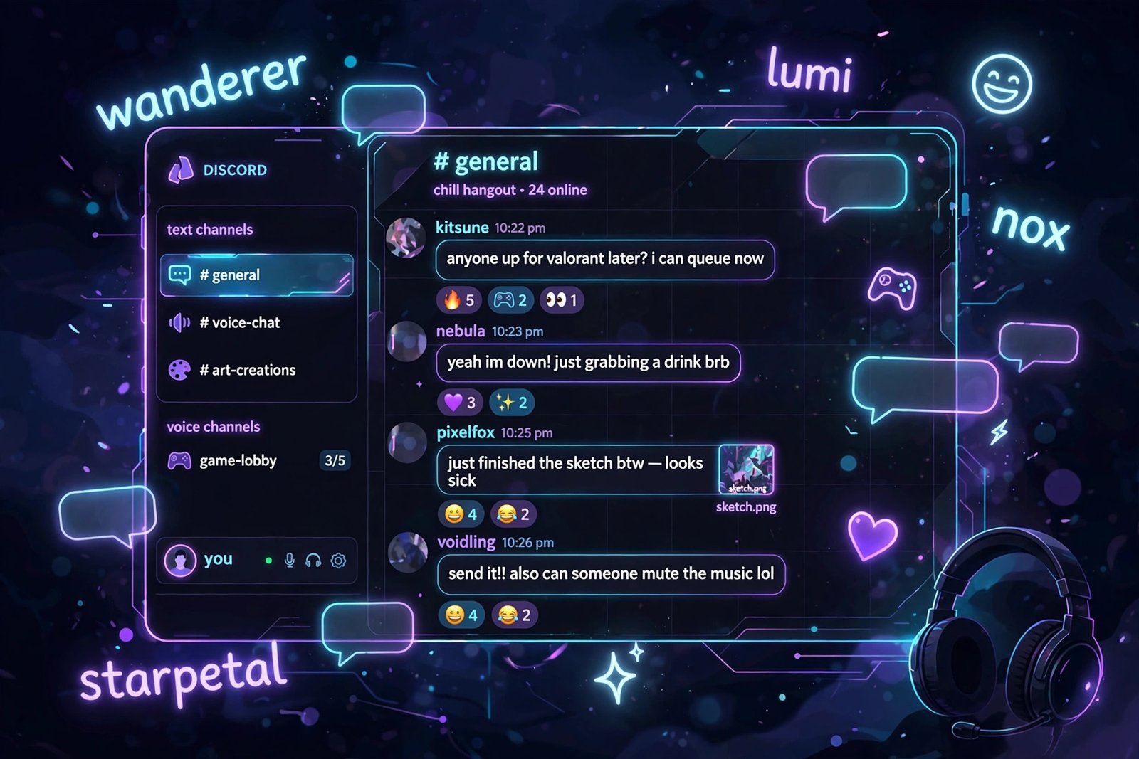 Discord name generator featured image with neon chat bubbles and glowing usernames