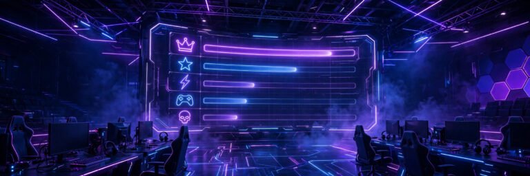 Gamer choosing from gaming username ideas on a glowing esports leaderboard