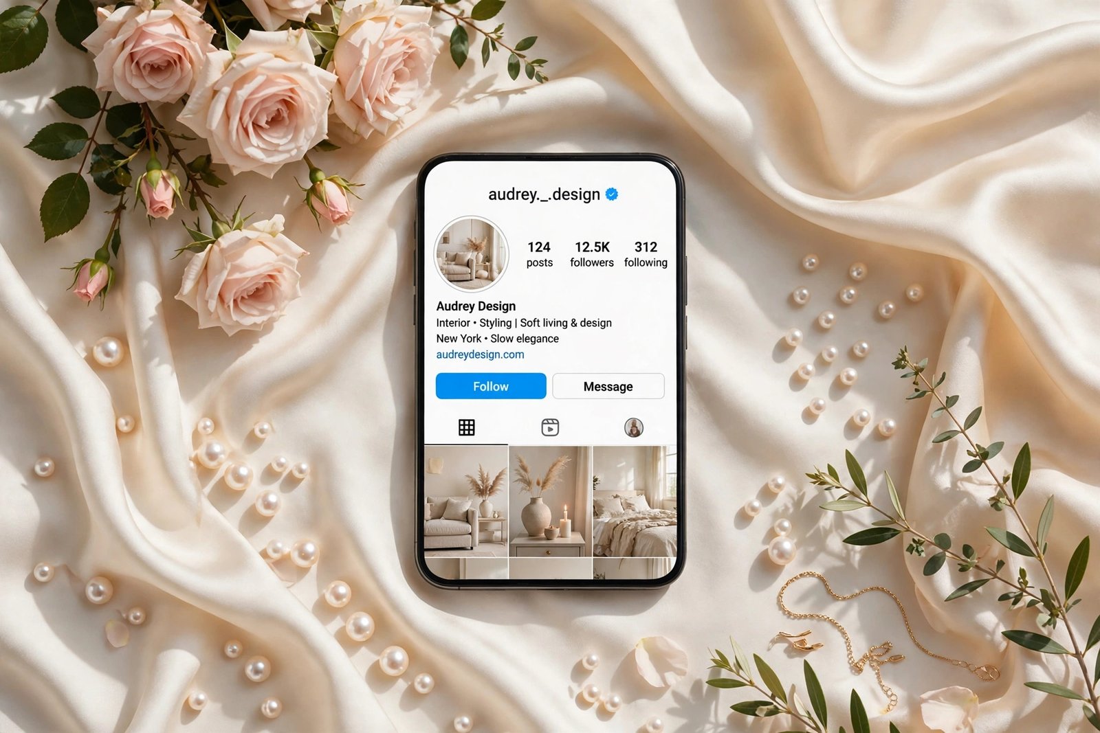 Classy Instagram usernames on a smartphone with gold and ivory luxury styling