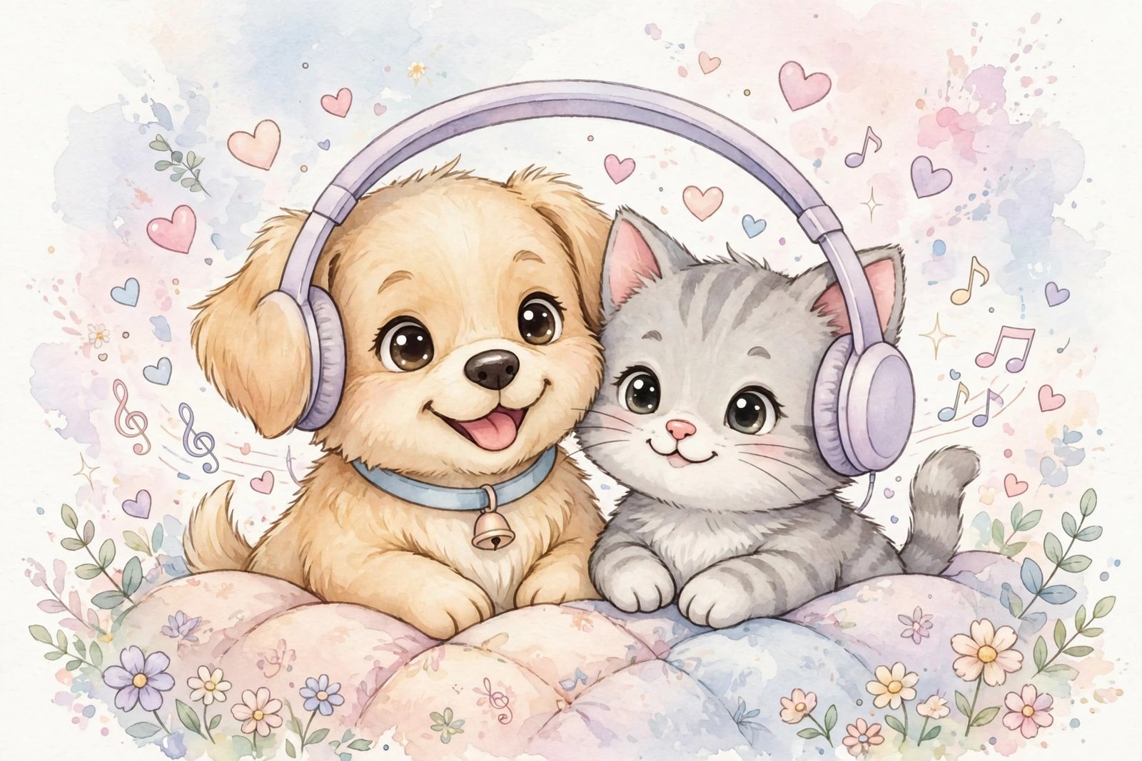 Cute animal themed Spotify playlist names art with a puppy and kitten listening to music