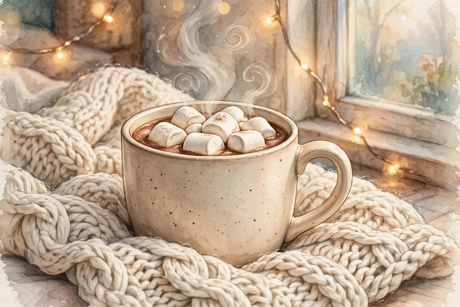 Cozy cute Spotify playlist names mood with hot cocoa knit blanket and fairy lights