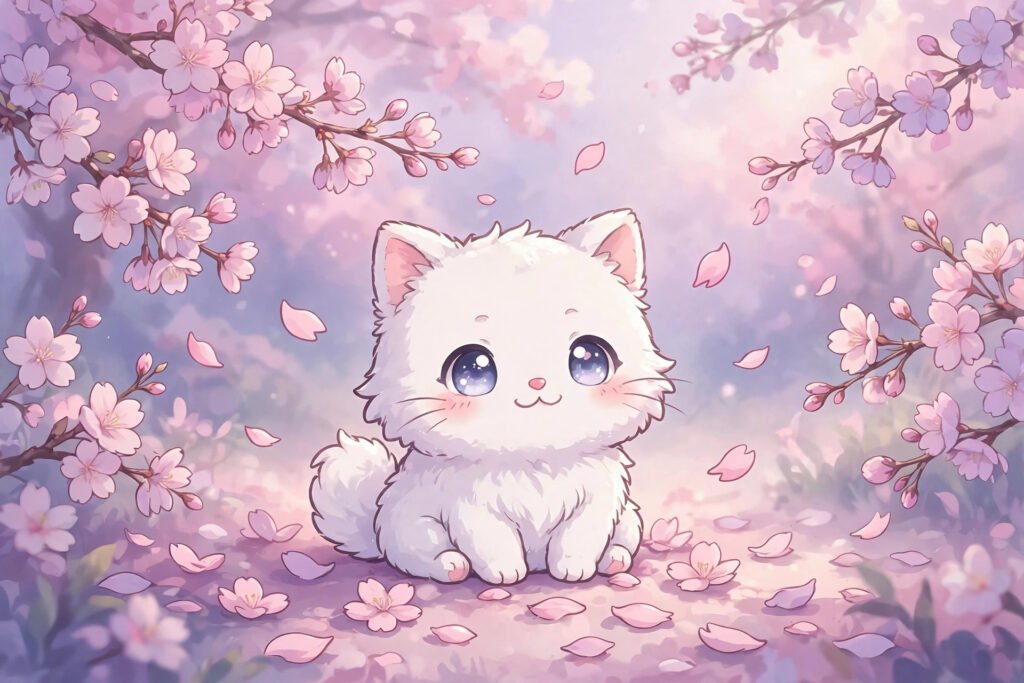 Cute anime usernames idea with a fluffy white cat and pink cherry blossom petals