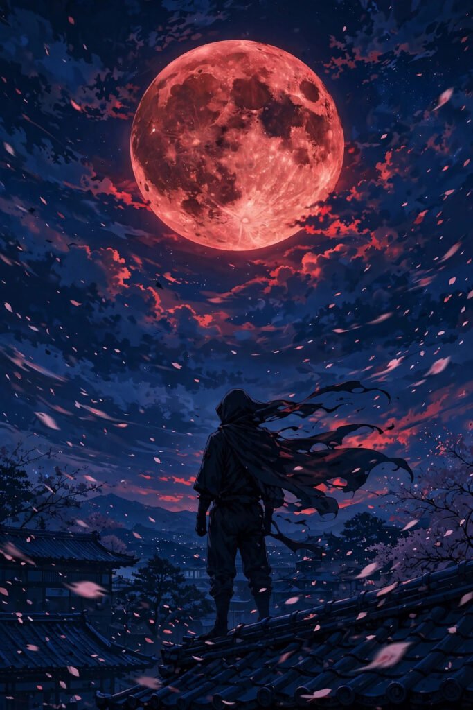Dark anime usernames concept with a hooded ninja under a red moon