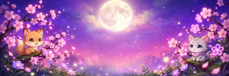 Collection of cool anime usernames with cute chibi characters and cherry blossoms