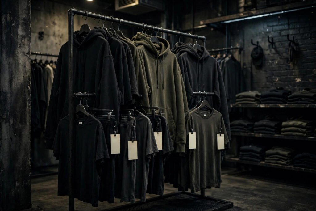 Streetwear clothing brand name ideas with dark hoodies on a moody rack