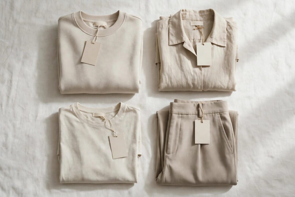 Minimalist clothing brand name ideas with folded beige garments and blank tags