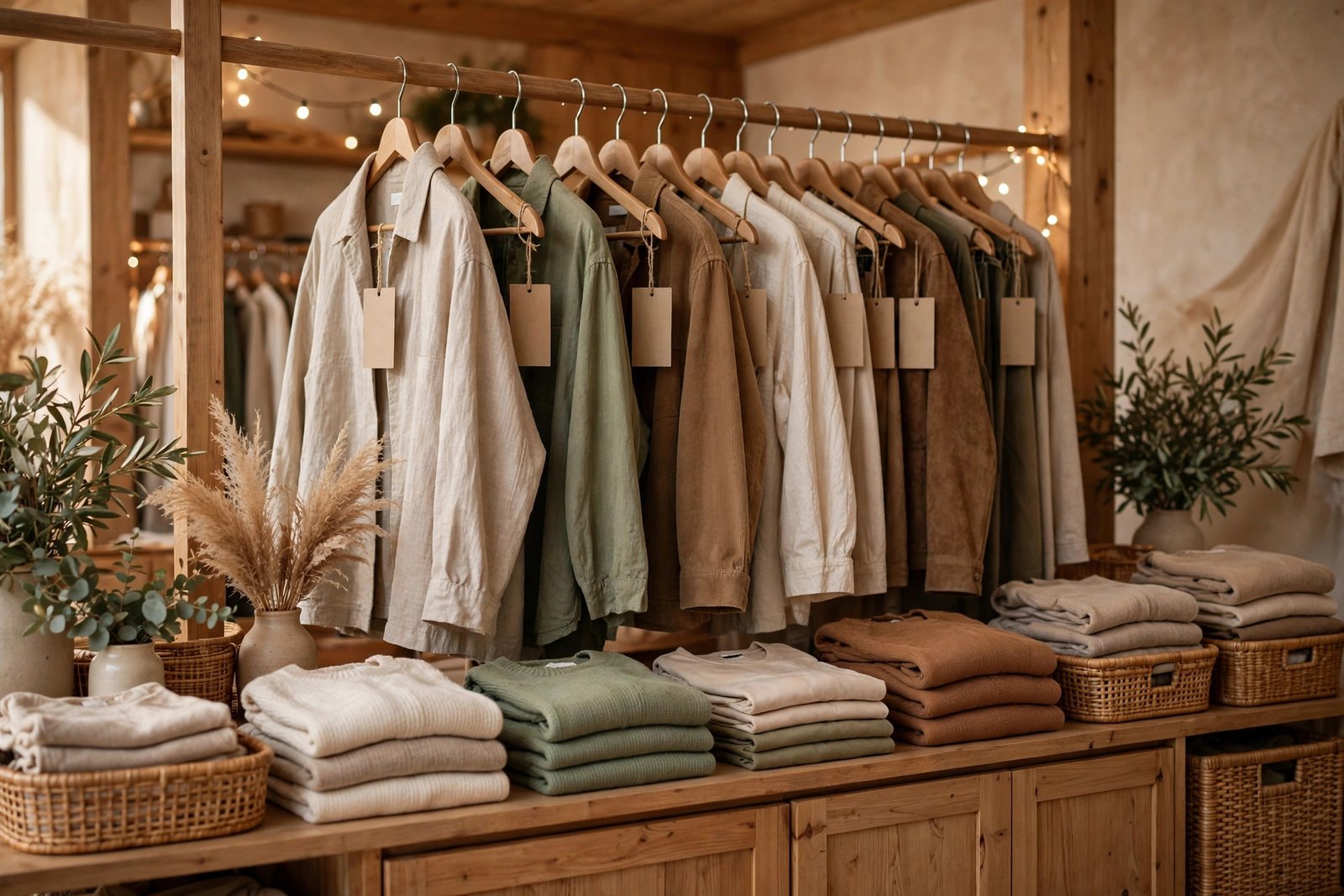 Clothing brand name ideas shown in a warm boutique with neutral garments