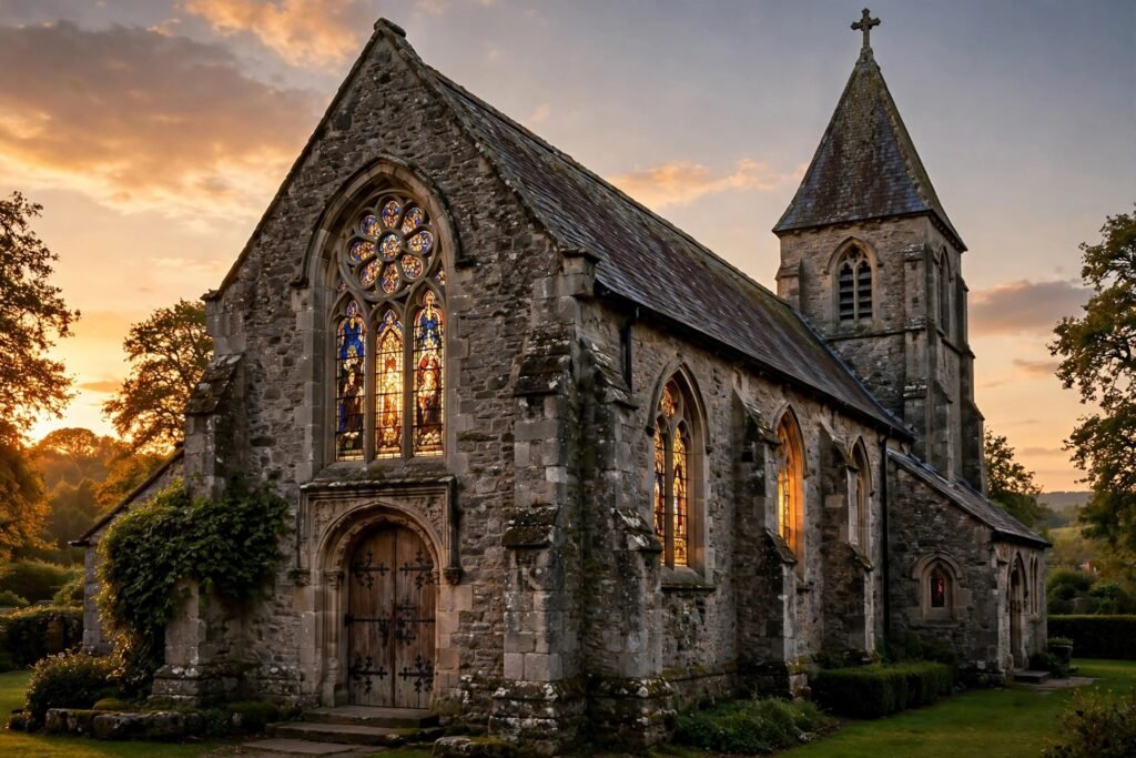Traditional church names with a peaceful chapel and warm light