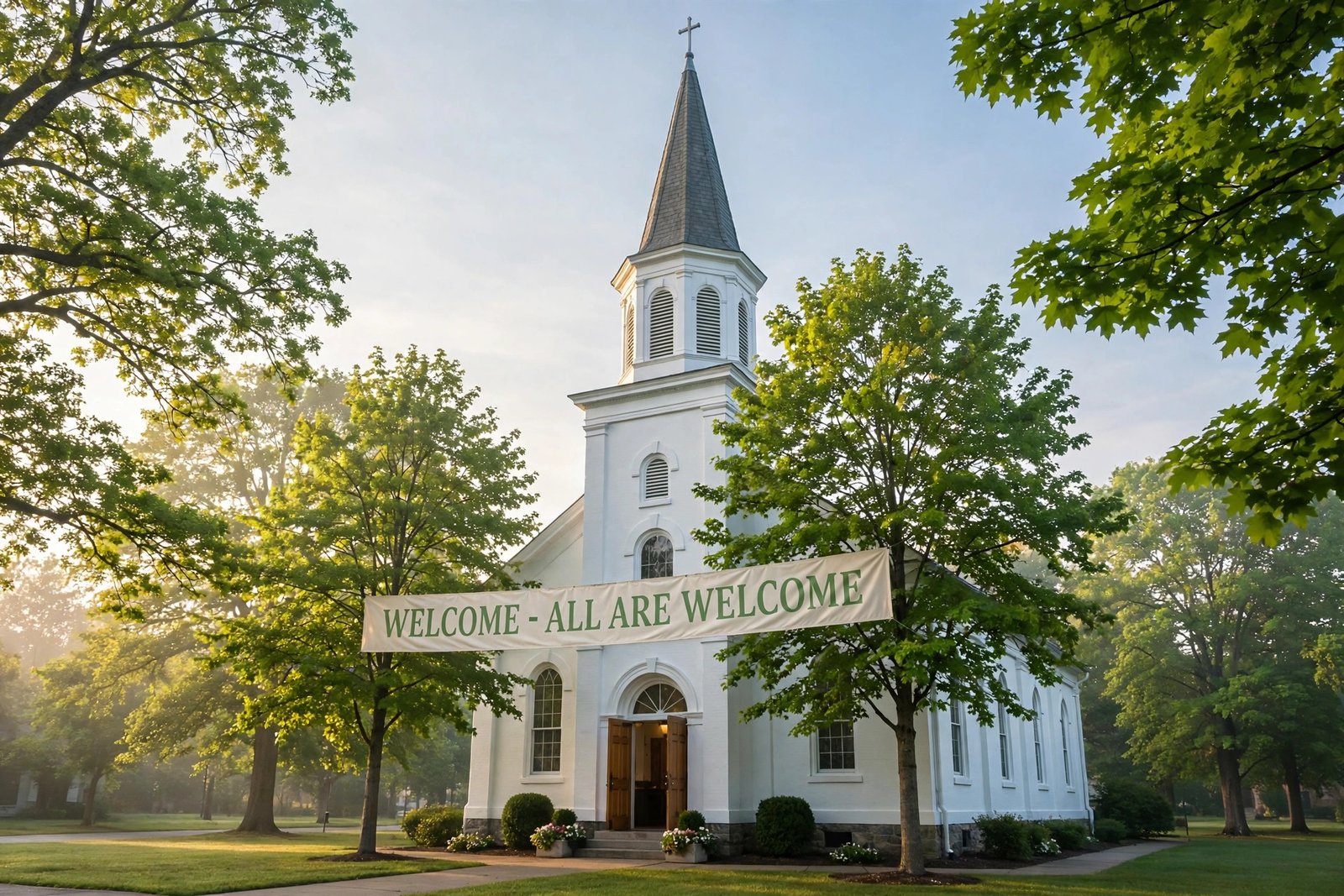 Church names with a bright welcoming church building and morning light
