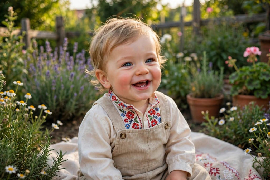 Happy Hungarian baby boy smiling in a sunny garden