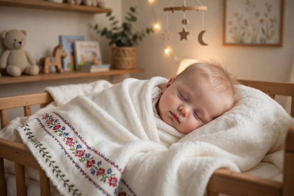 Cute Hungarian baby sleeping peacefully in a soft white blanket