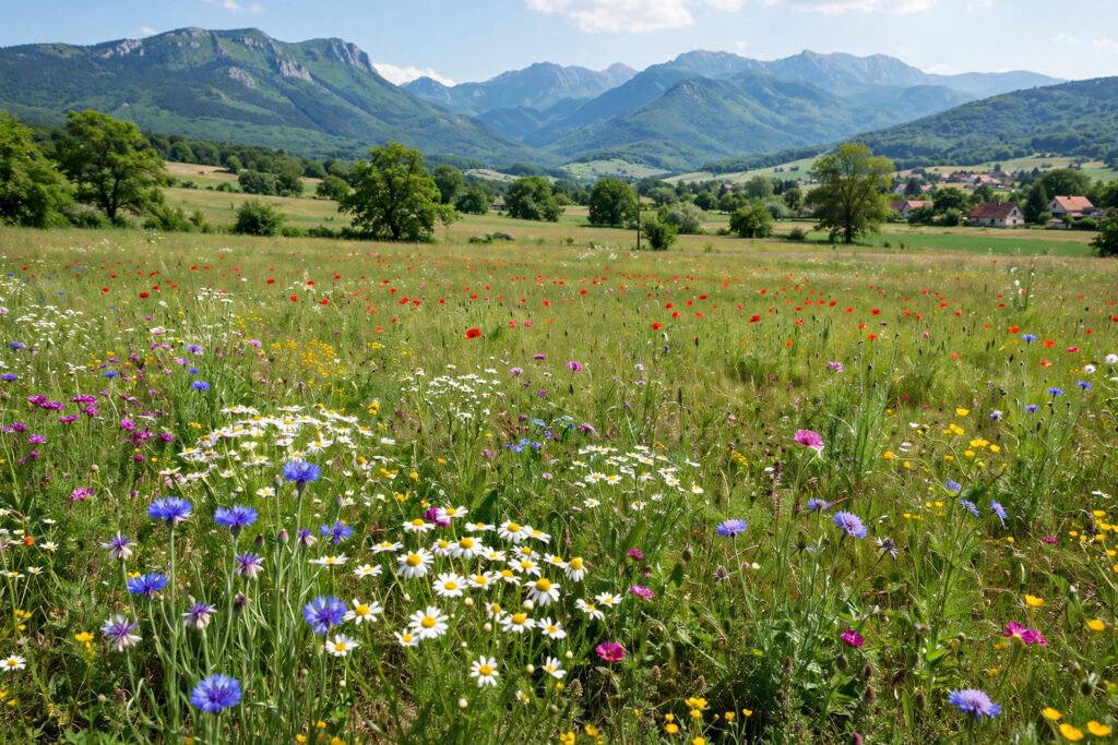 Hungarian countryside meadow with wildflowers sunshine and mountains