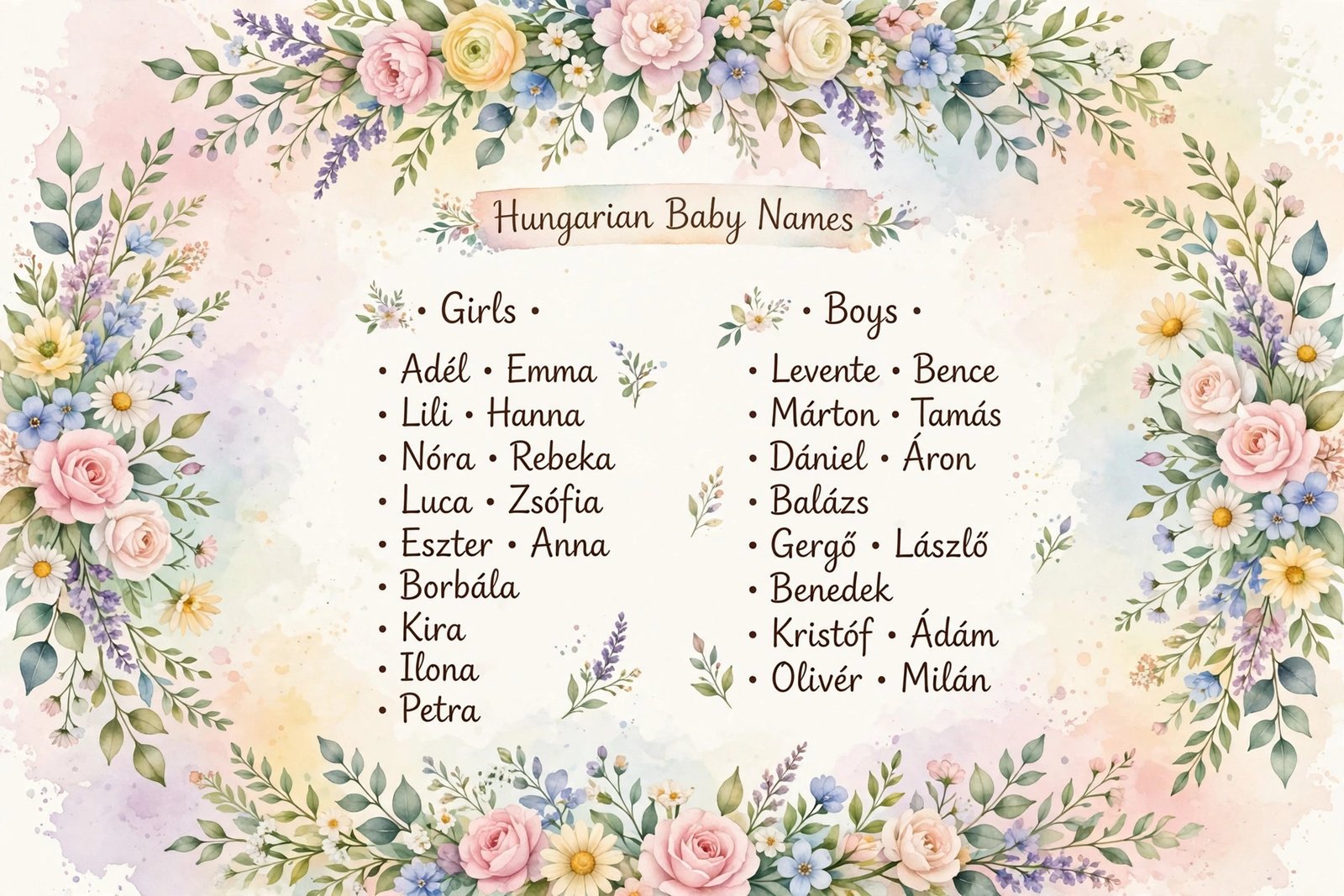 Beautiful Hungarian names list with soft pastel flowers for baby name ideas