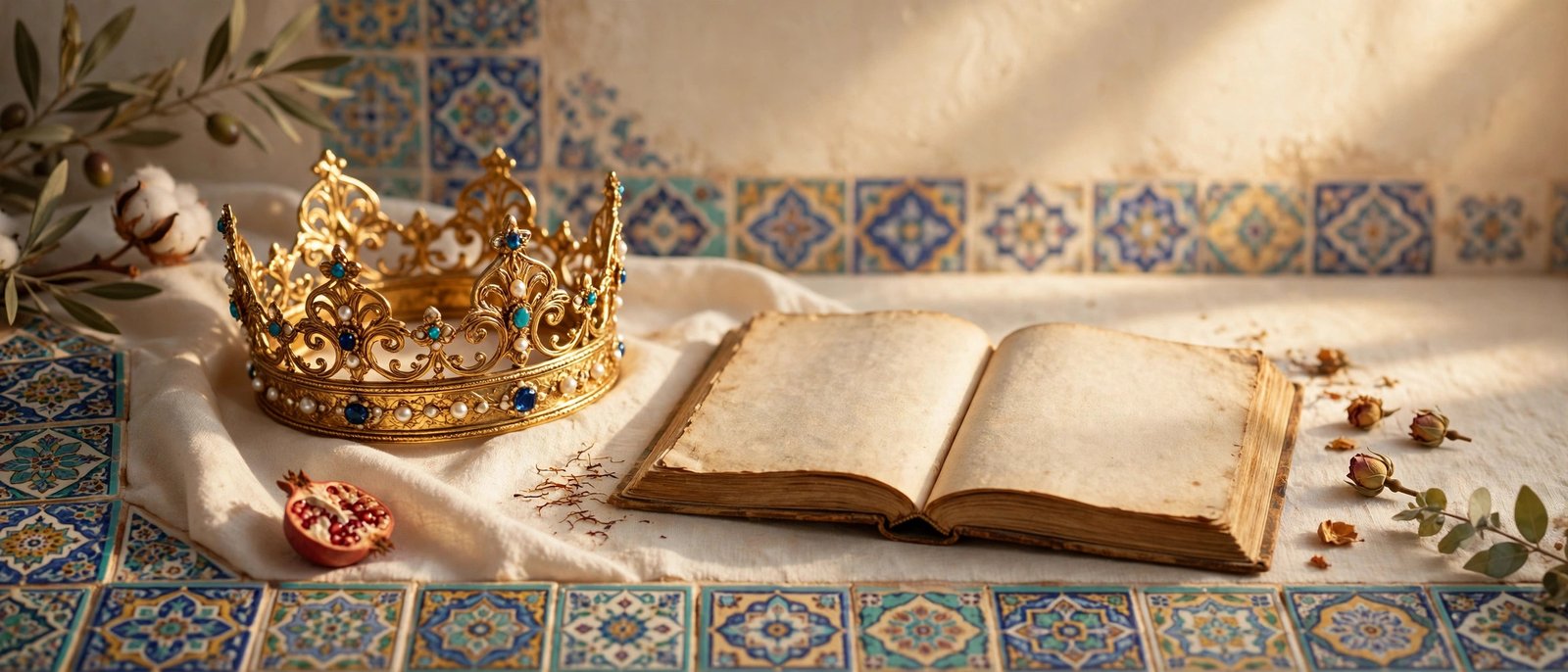 Elegant Persian boy names written in gold script with royal crown and soft light