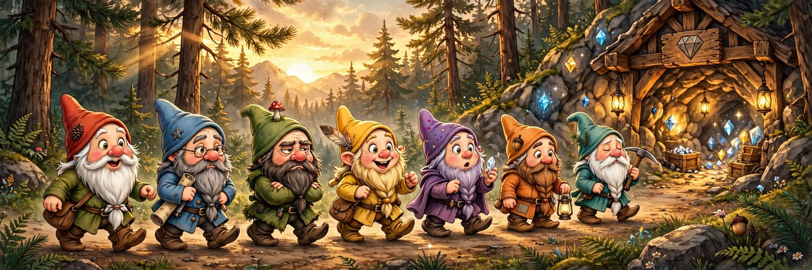 Seven cute cartoon dwarfs with colorful hats in a pine forest, inspired by 7 dwarfs names in order