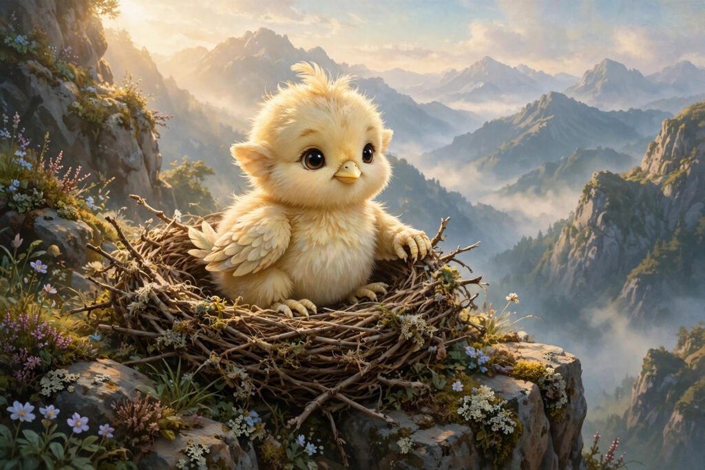 Cute fluffy baby birdfolk chick in a mountain nest, inspiration for cute aarakocra names