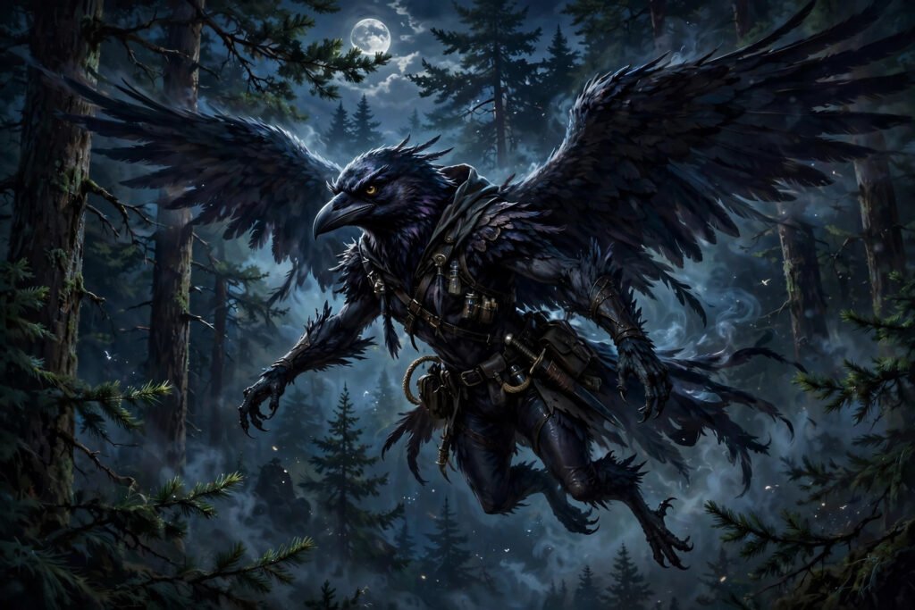 Dark raven-like aarakocra scout gliding through a moonlit forest for dark aarakocra names