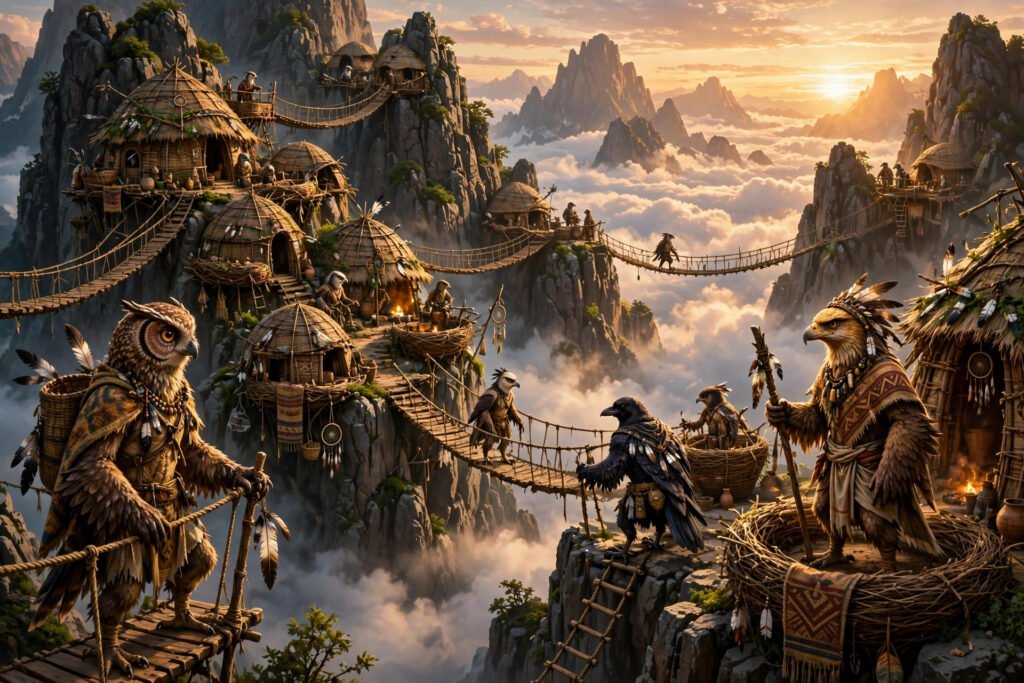 Birdfolk tribal village on mountain peaks above clouds, perfect for aarakocra tribe names