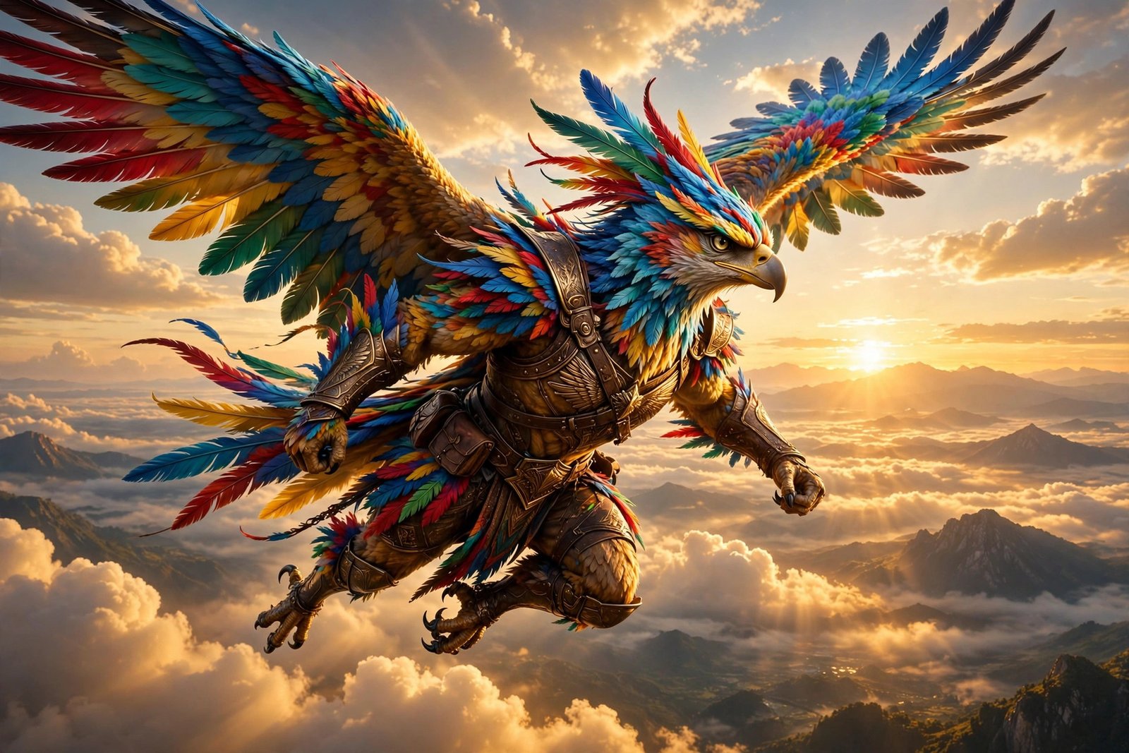 Majestic eagle-like aarakocra warrior soaring through golden clouds for aarakocra names inspiration
