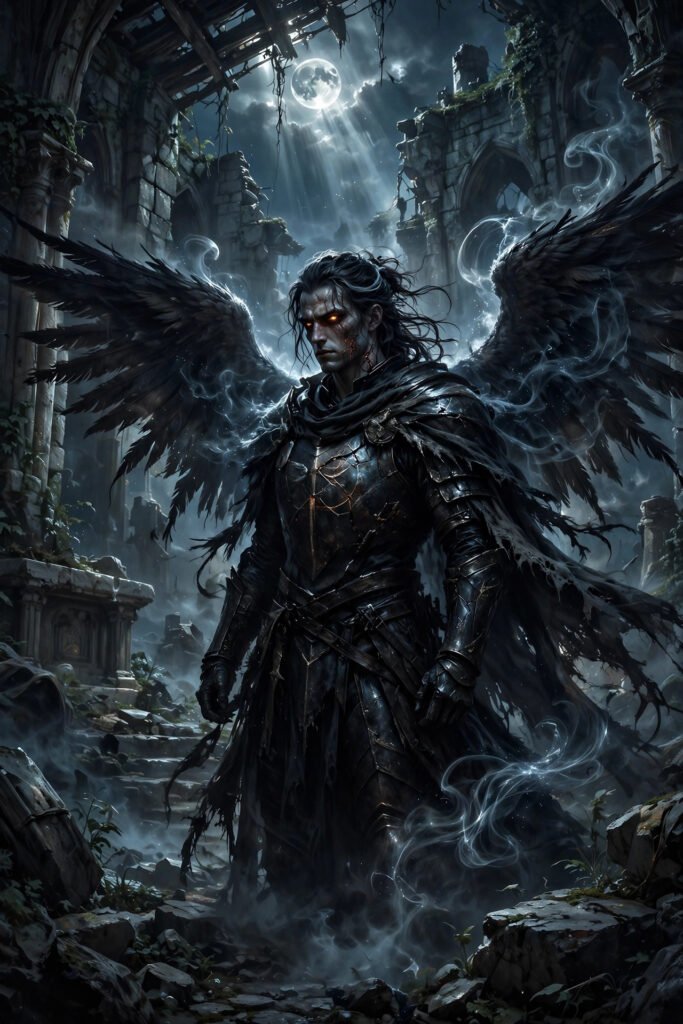 Fallen aasimar warrior with dark wings and ember eyes standing in moonlight