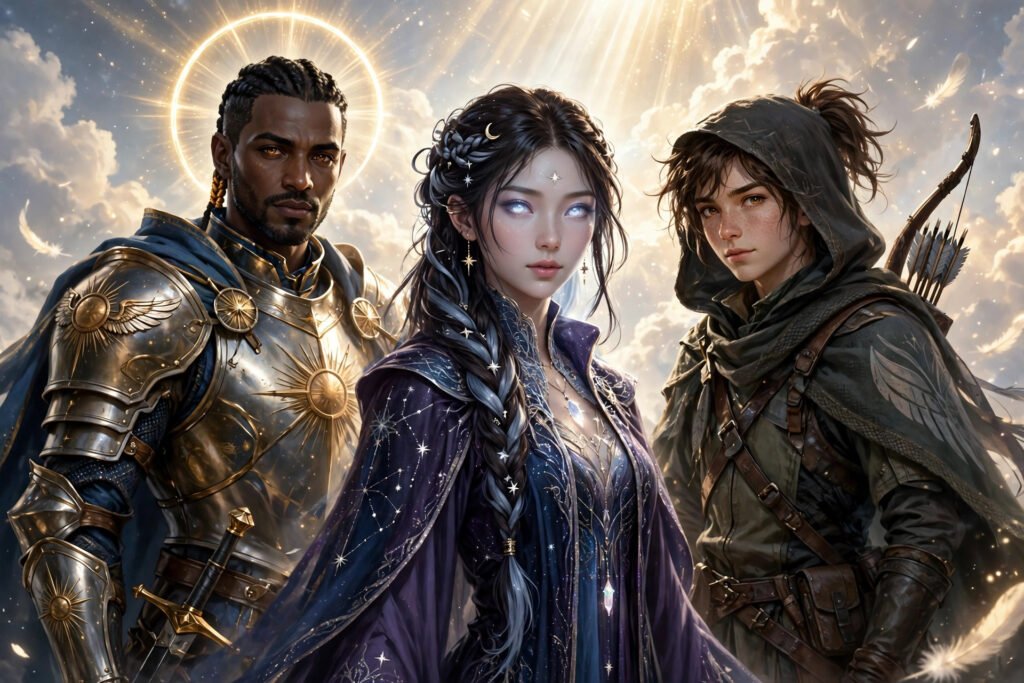 Party of three aasimar D&D characters with celestial light behind them