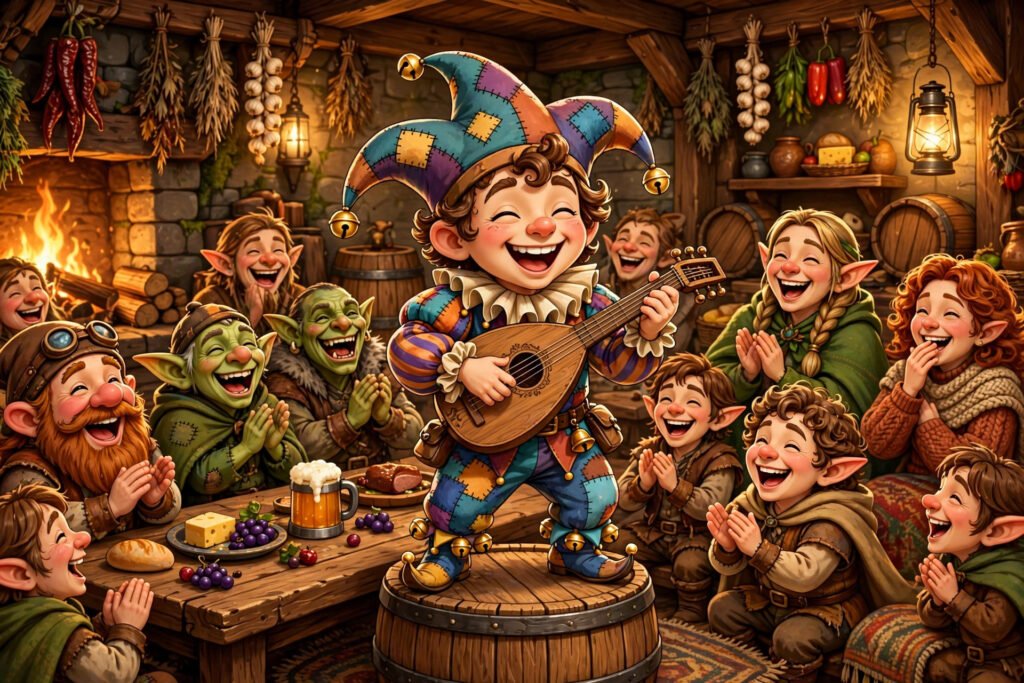 Funny bard names inspiration: a cheerful jester bard with a lute making a tavern crowd laugh